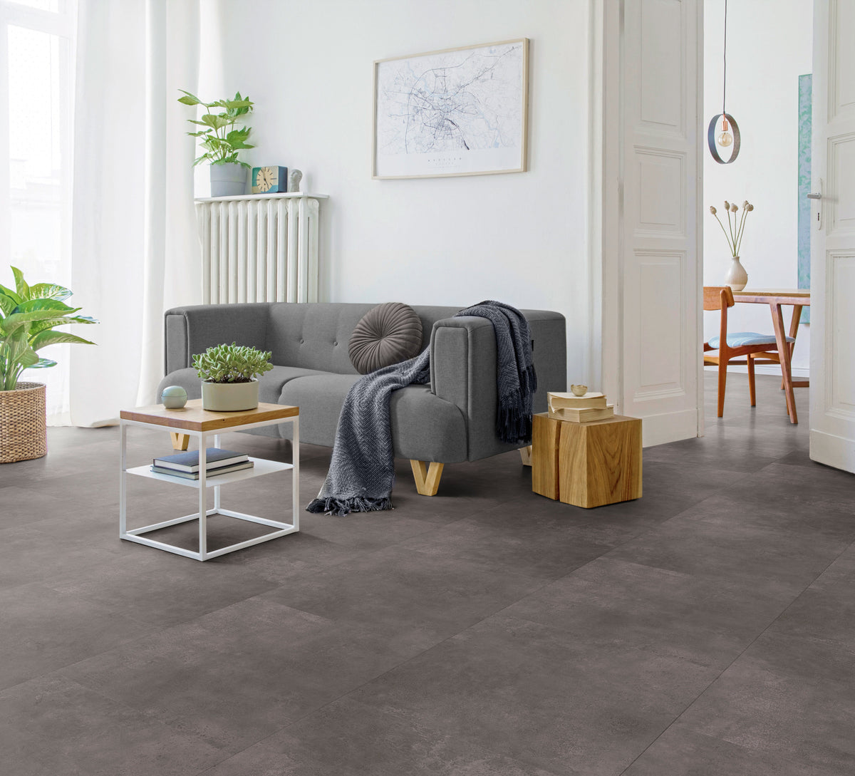Enia JAZZ X Concrete Grey Dark Steenpaneel – Click vinyl – sfeerbeeld – enia flooring