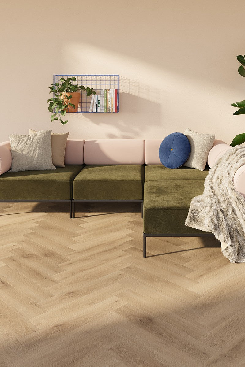 Lamett Parquetvinyl Mantaro Dryback Hay Herringbone – sfeerbeeld van de fabrikant